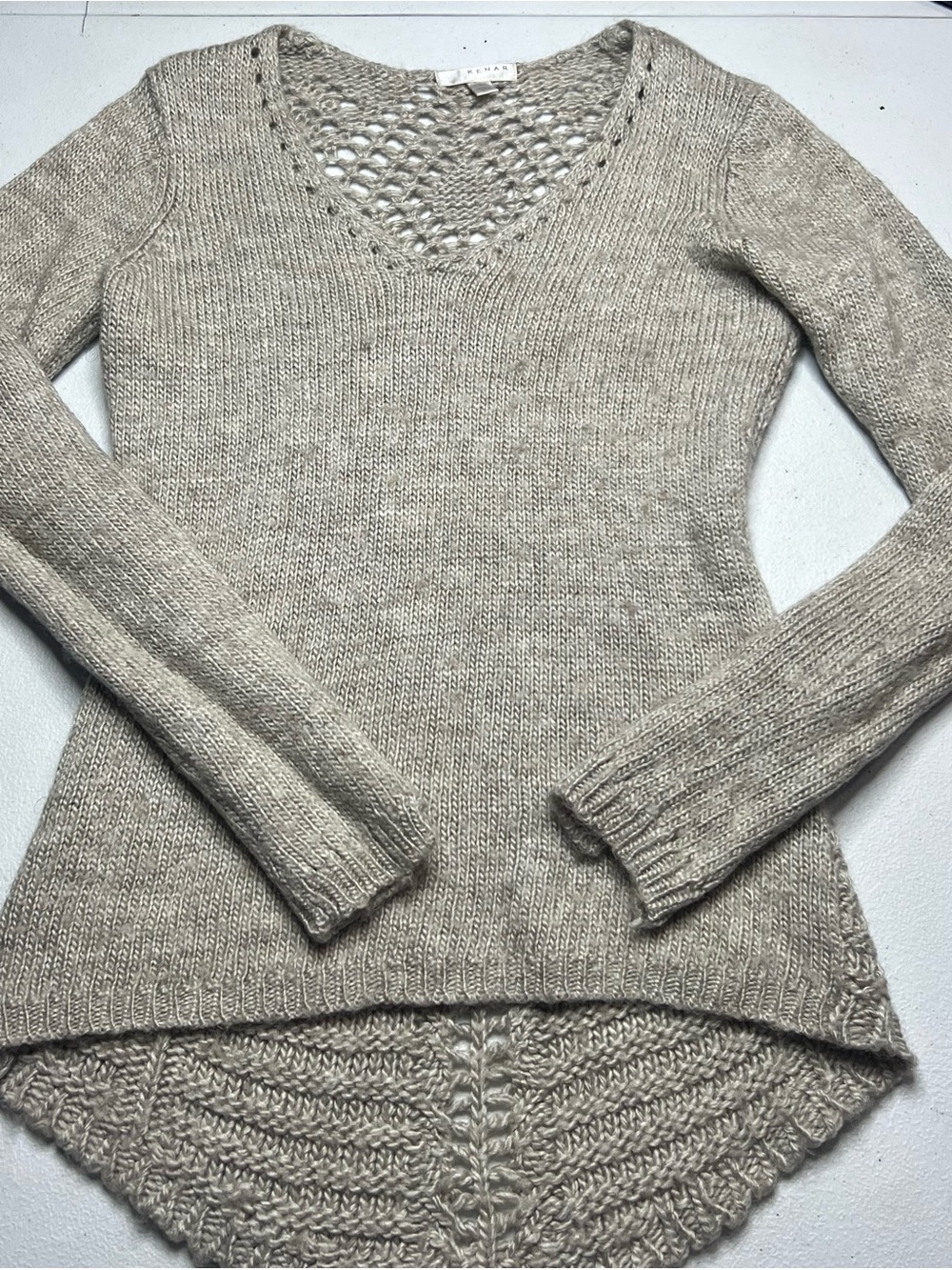 Kenar Cream V-Neck Pointelle Hem Knit Sweater